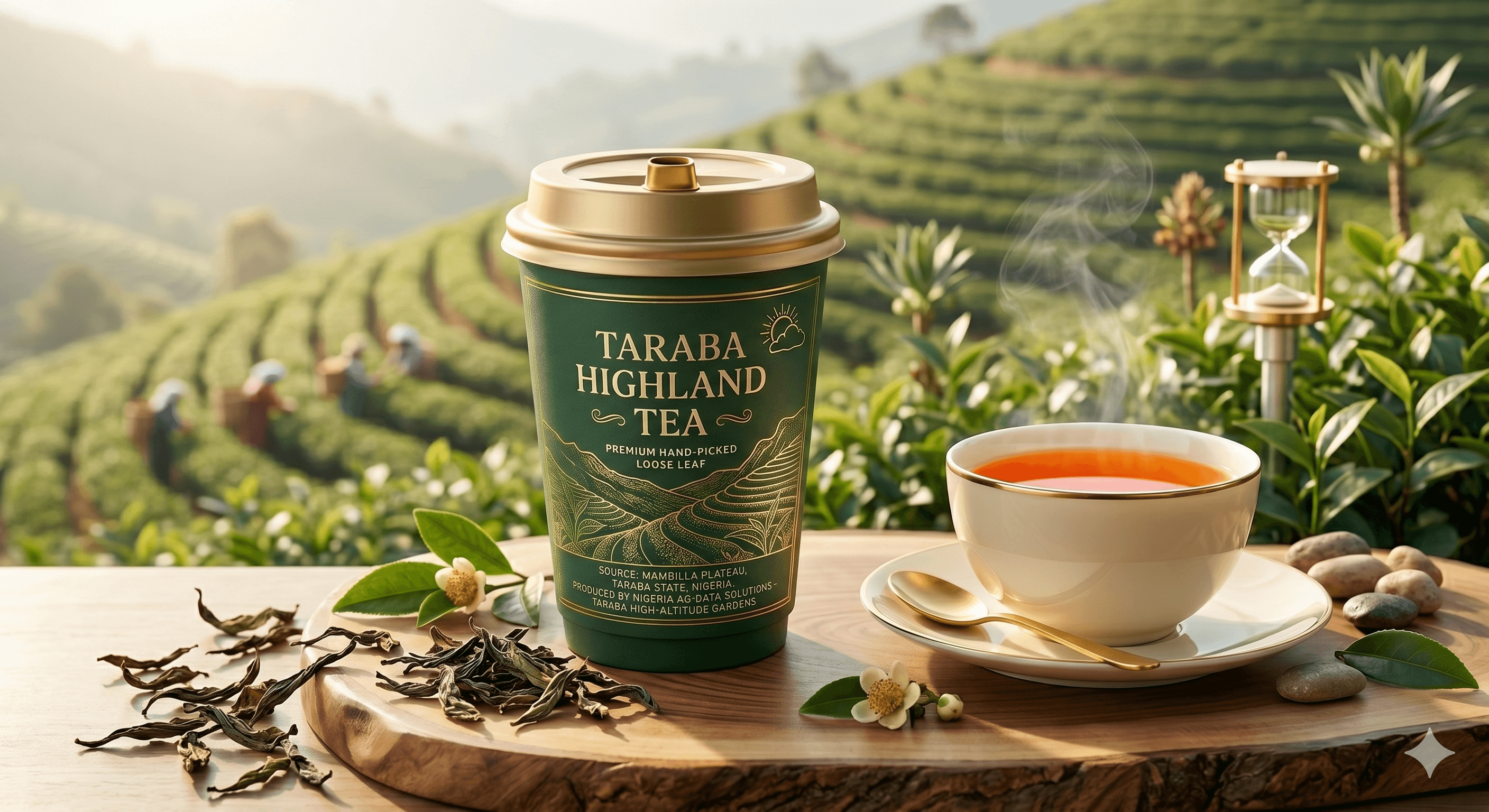 Premium tea cup on organic plantation background
